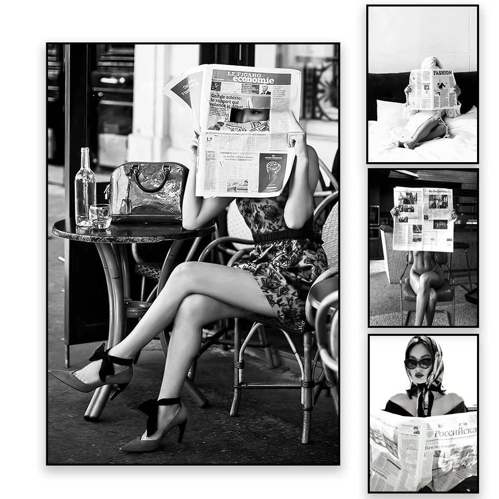 Vintage Fashion Newspaper - Black and White Poster Woman Reading