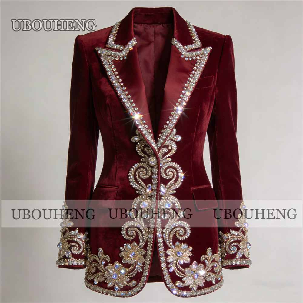 Velvet Blazer Vintage - Brilliant Diamond Beads Women Suit For