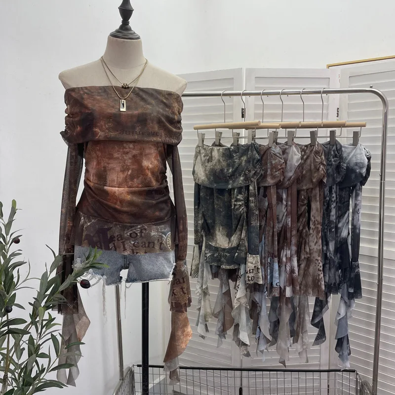 Women Sexy One Shoulder Stream - Tie Dye Shirt Vintage ulasan dan harga
