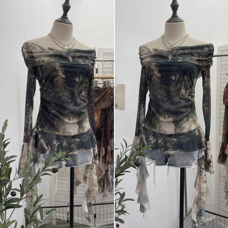 Women Sexy One Shoulder Stream - Tie Dye Shirt Vintage ulasan dan harga