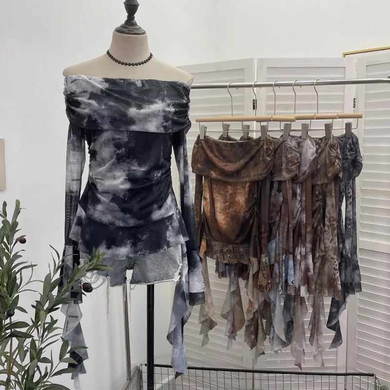 Women Sexy One Shoulder Stream - Tie Dye Shirt Vintage ulasan dan harga