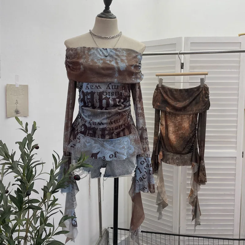 Women Sexy One Shoulder Stream - Tie Dye Shirt Vintage ulasan dan harga